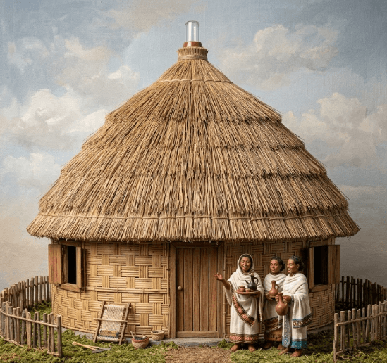 A traditional thatched-roof gojo home in Ethiopia, with three women in traditional dress standing at the entrance